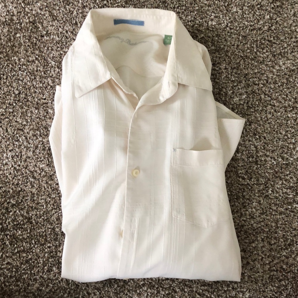100% silk Tommy Bahama long sleeve button down shirt. Cream color. Size XL